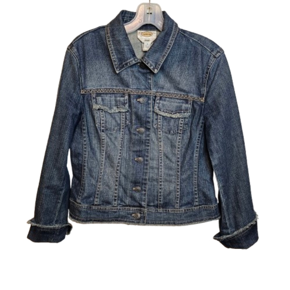 Talbots Medium Wash Denim Jacket Raw Hem Frayed Boho Size 8